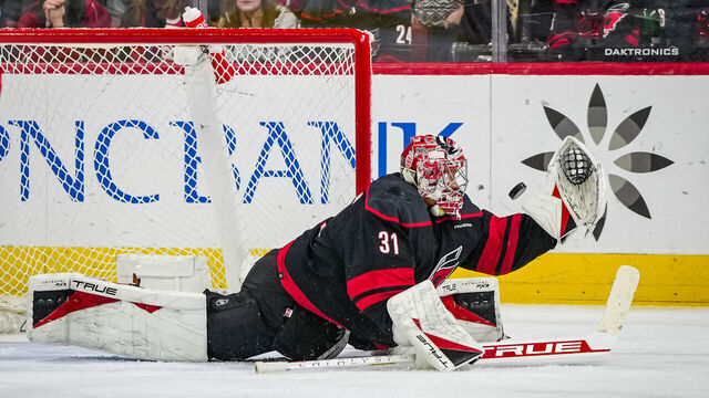 RALEIGH, NORTH CAROLINA - MARCH 24: Frederik Andersen #31 of the Carolina Hurricanes makes a save during the second period in the game against the Toronto Maple Leafs at PNC Arena on March 24, 2024 in Raleigh, North Carolina.