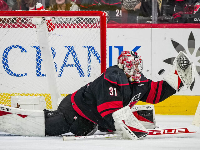 RALEIGH, NORTH CAROLINA - MARCH 24: Frederik Andersen #31 of the Carolina Hurricanes makes a save during the second period in the game against the Toronto Maple Leafs at PNC Arena on March 24, 2024 in Raleigh, North Carolina.