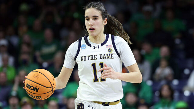 SOUTH BEND, INDIANA - MARCH 25: Sonia Citron #11 of the Notre Dame Fighting Irish drives the ball down court during the second round of the 2024 NCAA Women's Basketball Tournament game against the Ole Miss Rebels held at Purcell Pavilion on March 25, 2024 in South Bend, Indiana.