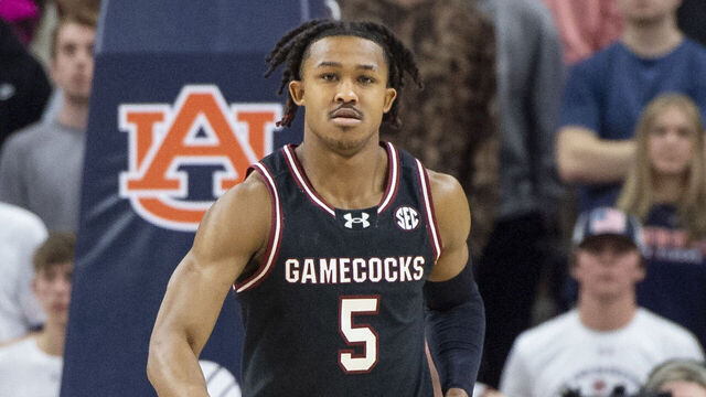 AUBURN, ALABAMA - FEBRUARY 14: Meechie Johnson #5 of the South Carolina Gamecocks during their game against the Auburn Tigers at Neville Arena on February 14, 2024 in Auburn, Alabama.