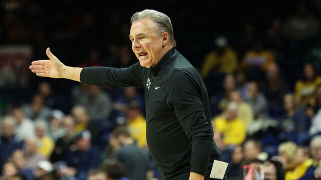 TOLEDO, OH - DECEMBER 13: Marshall Thundering Herd head coach Dan D'Antoni questions a call during the second half of a non-conference college basketball game between the Marshall Thundering Herd and the Toledo Rockets on December 13, 2023 at Savage Arena in Toledo, Ohio.