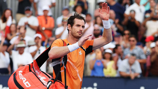 MIAMI GARDENS, FLORIDA - MARCH 24: Andy Murray of Great Britain waves to the crowd after losing in three sets against Tomas Machac of the Czech Republic on Day 9 of the Miami Open at Hard Rock Stadium on March 24, 2024 in Miami Gardens, Florida.