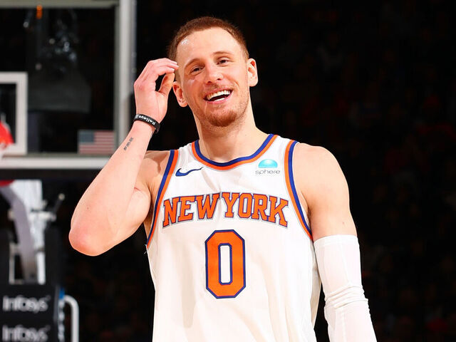 NEW YORK, NY - MARCH 25: Donte Divincenzo #0 of the New York Knicks smiles during the game against the Detroit Pistons on March 25, 2024 at Madison Square Garden in New York City, New York. Mandatory Copyright Notice: Copyright 2024 NBAE