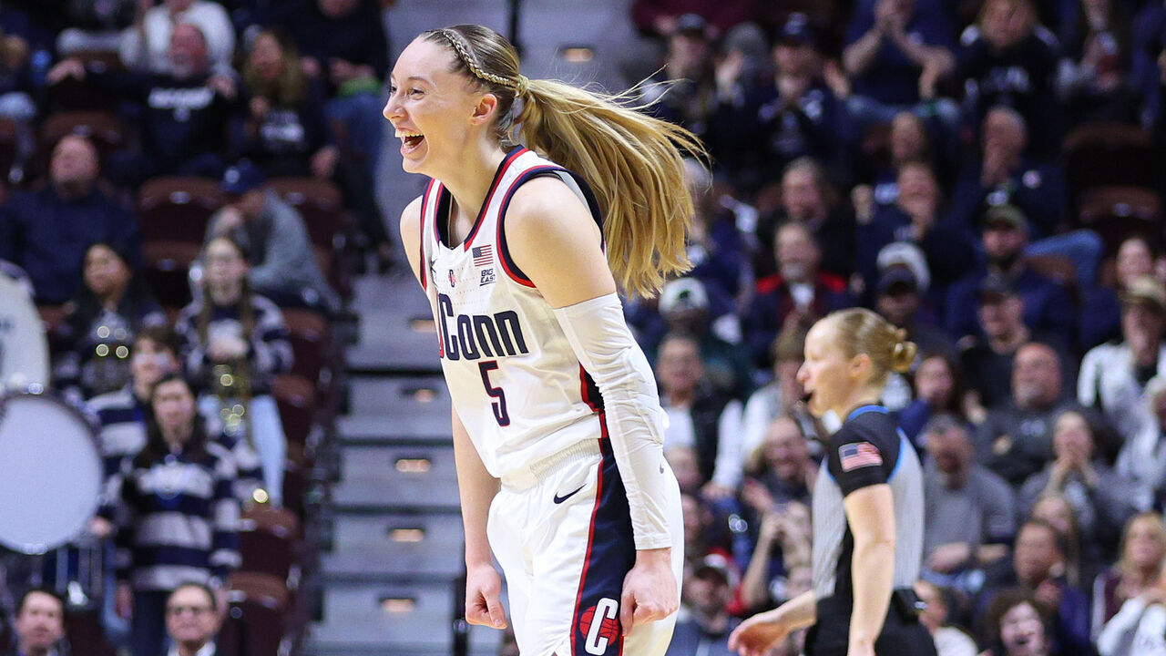 UNCASVILLE, CT - MARCH 11: UConn Huskies guard Paige Bueckers (5) reacts after a made shot during the Women's Big East Tournament championship game between Georgetown Hoyas and UConn Huskies on March 11, 2024, at Mohegan Sun Arena in Uncasville, CT.