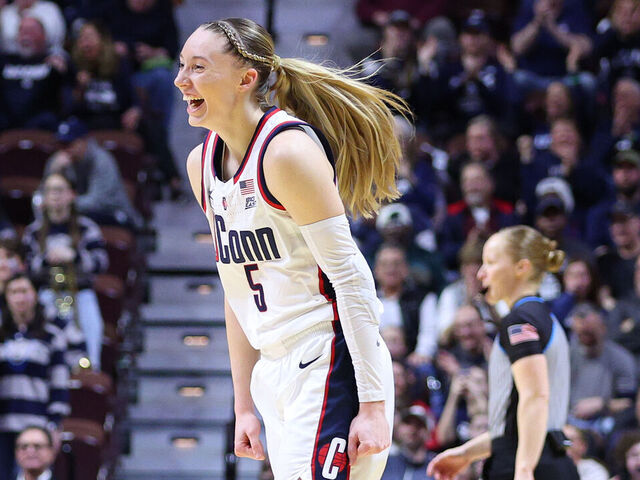 UNCASVILLE, CT - MARCH 11: UConn Huskies guard Paige Bueckers (5) reacts after a made shot during the Women's Big East Tournament championship game between Georgetown Hoyas and UConn Huskies on March 11, 2024, at Mohegan Sun Arena in Uncasville, CT.