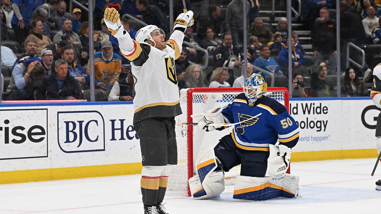 ST. LOUIS, MO - MARCH 25: Jonathan Marchessault #81 of the Vegas Golden Knights reacts after scoring the game winning goal past Jordan Binnington #50 of the St. Louis Blues in overtime on March 25, 2024 at the Enterprise Center in St. Louis, Missouri.