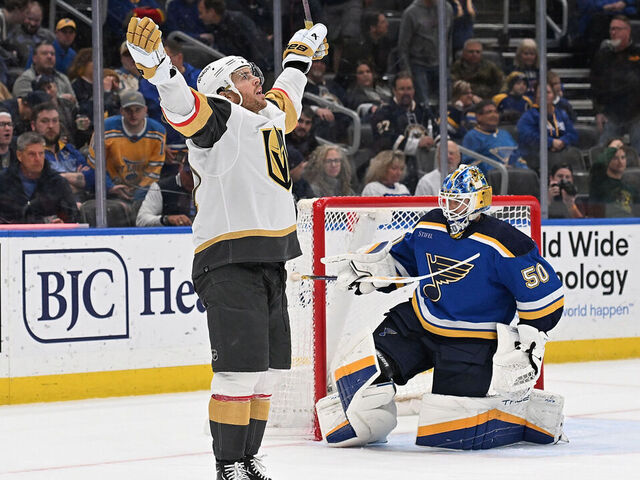 ST. LOUIS, MO - MARCH 25: Jonathan Marchessault #81 of the Vegas Golden Knights reacts after scoring the game winning goal past Jordan Binnington #50 of the St. Louis Blues in overtime on March 25, 2024 at the Enterprise Center in St. Louis, Missouri.