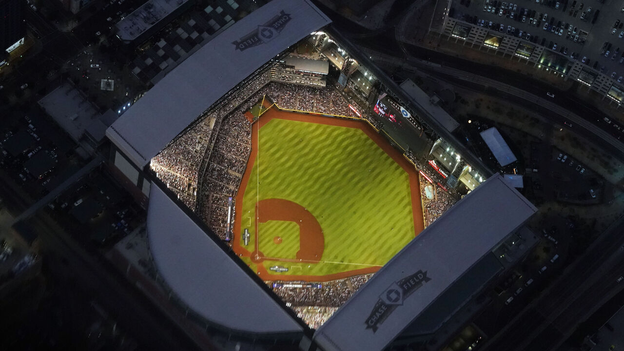 PHOENIX, AZ - OCTOBER 30: An aerial view of Chase Field during Game 3 of the 2023 World Series between the Texas Rangers and the Arizona Diamondbacks Field on Monday, October 30, 2023 in Phoenix, Arizona.