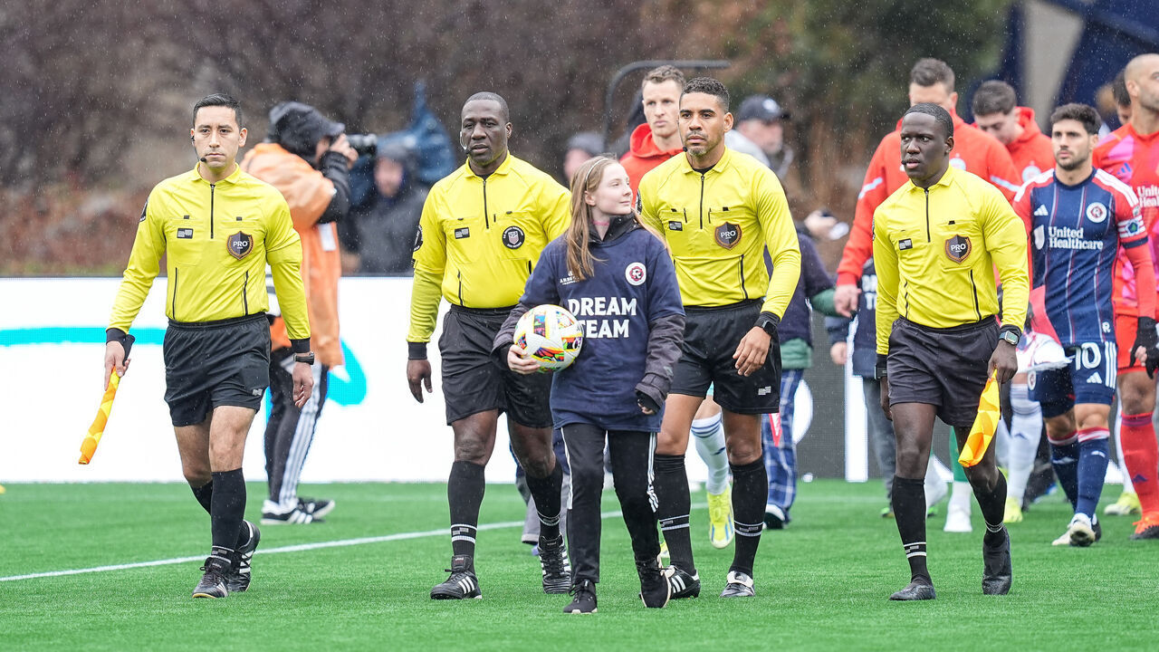 FOXBOROUGH, MA - MARCH 23: Referees: Derek Guerrier, Kevin Morrison, Kyle Johnston, Eric Del Rosario before a game between Chicago Fire FC and New England Revolution at Gillette Stadium on March 23, 2024 in Foxborough, Massachusetts. .