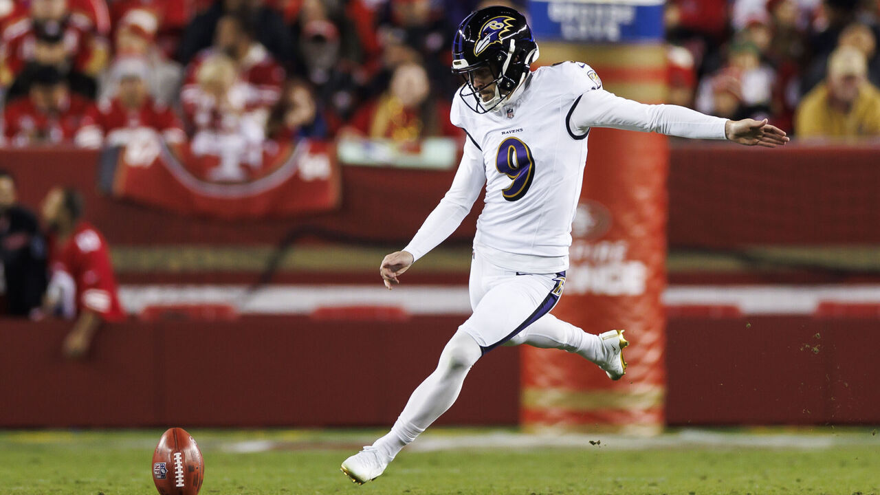 SANTA CLARA, CALIFORNIA - DECEMBER 25: Justin Tucker #9 of the Baltimore Ravens kicks off during an NFL football game against the San Francisco 49ers at Levi's Stadium on December 25, 2023 in Santa Clara, California.