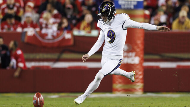 SANTA CLARA, CALIFORNIA - DECEMBER 25: Justin Tucker #9 of the Baltimore Ravens kicks off during an NFL football game against the San Francisco 49ers at Levi's Stadium on December 25, 2023 in Santa Clara, California.