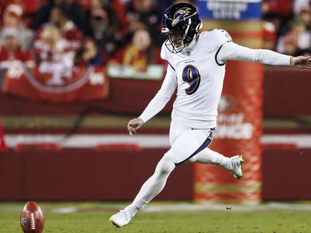 SANTA CLARA, CALIFORNIA - DECEMBER 25: Justin Tucker #9 of the Baltimore Ravens kicks off during an NFL football game against the San Francisco 49ers at Levi's Stadium on December 25, 2023 in Santa Clara, California.