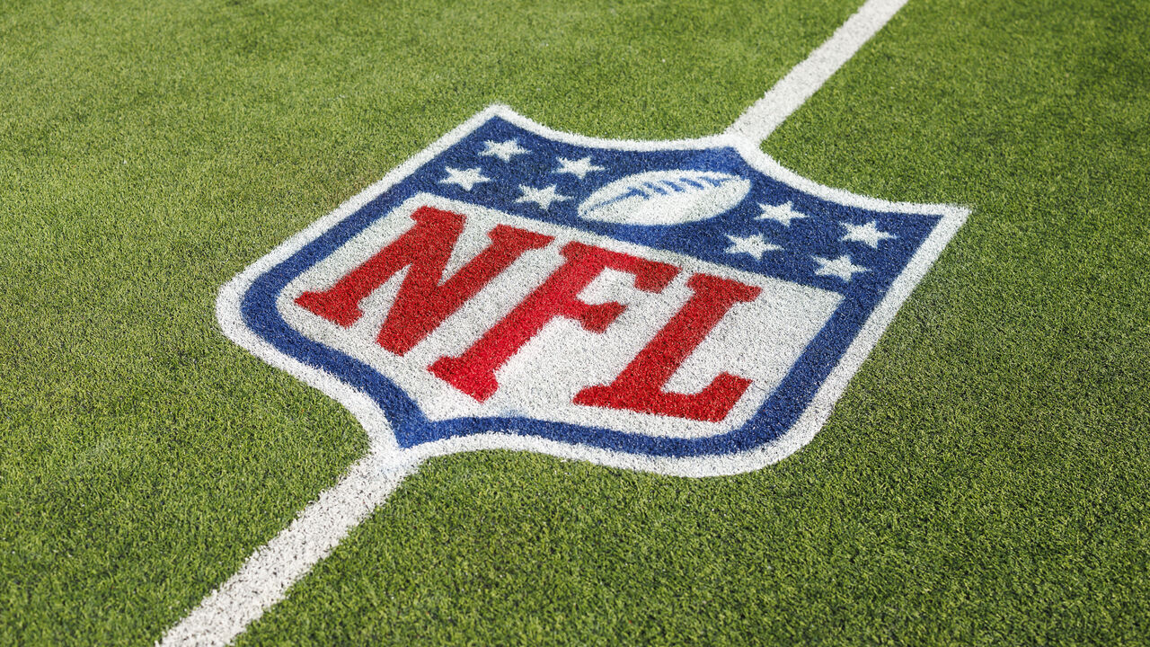 INGLEWOOD, CALIFORNIA - JANUARY 07: A detail view of the NFL shield logo painted on the field turf before an NFL football game between the Los Angeles Chargers and the Kansas City Chiefs at SoFi Stadium on January 7, 2024 in Inglewood, California.