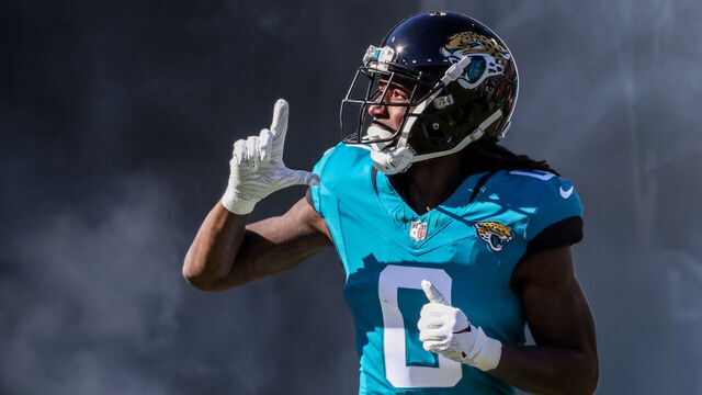 JACKSONVILLE, FLORIDA - DECEMBER 31: Calvin Ridley #0 of the Jacksonville Jaguars runs out for introductions before the game against the Carolina Panthers at EverBank Stadium on December 31, 2023 in Jacksonville, Florida.