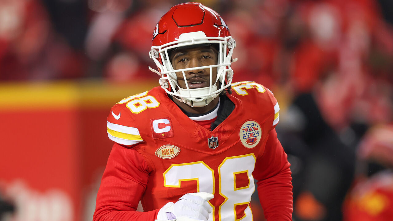 KANSAS CITY, MO - JANUARY 13: Kansas City Chiefs cornerback L'Jarius Sneed (38) before an AFC Wild Card playoff game between the Miami Dolphins and Kansas City Chiefs on Jan 13, 2024 at GEHA Field at Arrowhead Stadium in Kansas City, MO.