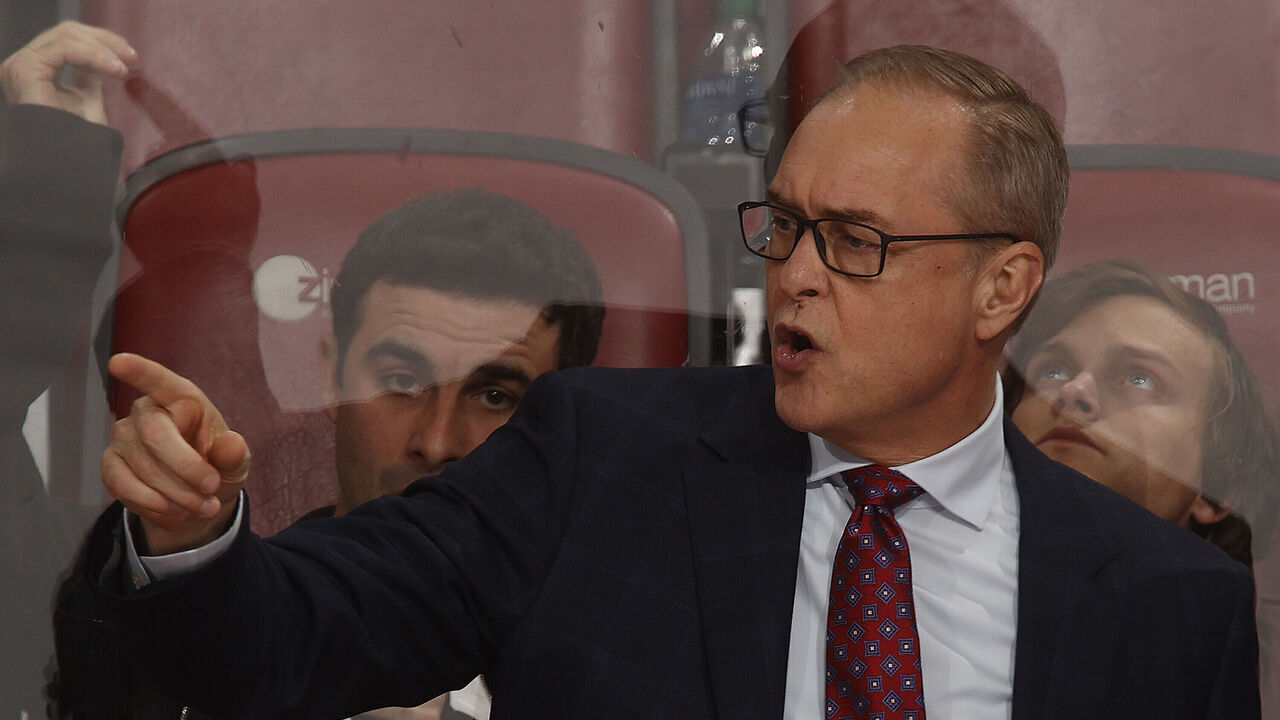 SUNRISE, FLORIDA - MARCH 7: Florida Panthers Head Coach Paul Maurice directs his team from the bench against the Philadelphia Flyers at the Amerant Bank Arena on March 7, 2024 in Sunrise, Florida.