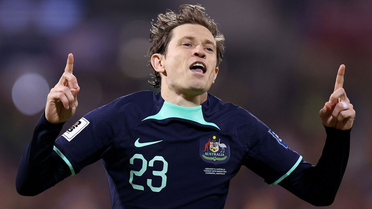 CANBERRA, AUSTRALIA - MARCH 26: Craig Goodwin of Australia celebrates after kicking a goal during the FIFA World Cup 2026 Qualifier match between Australia Socceroos and Lebanon at GIO Stadium on March 26, 2024 in Canberra, Australia.