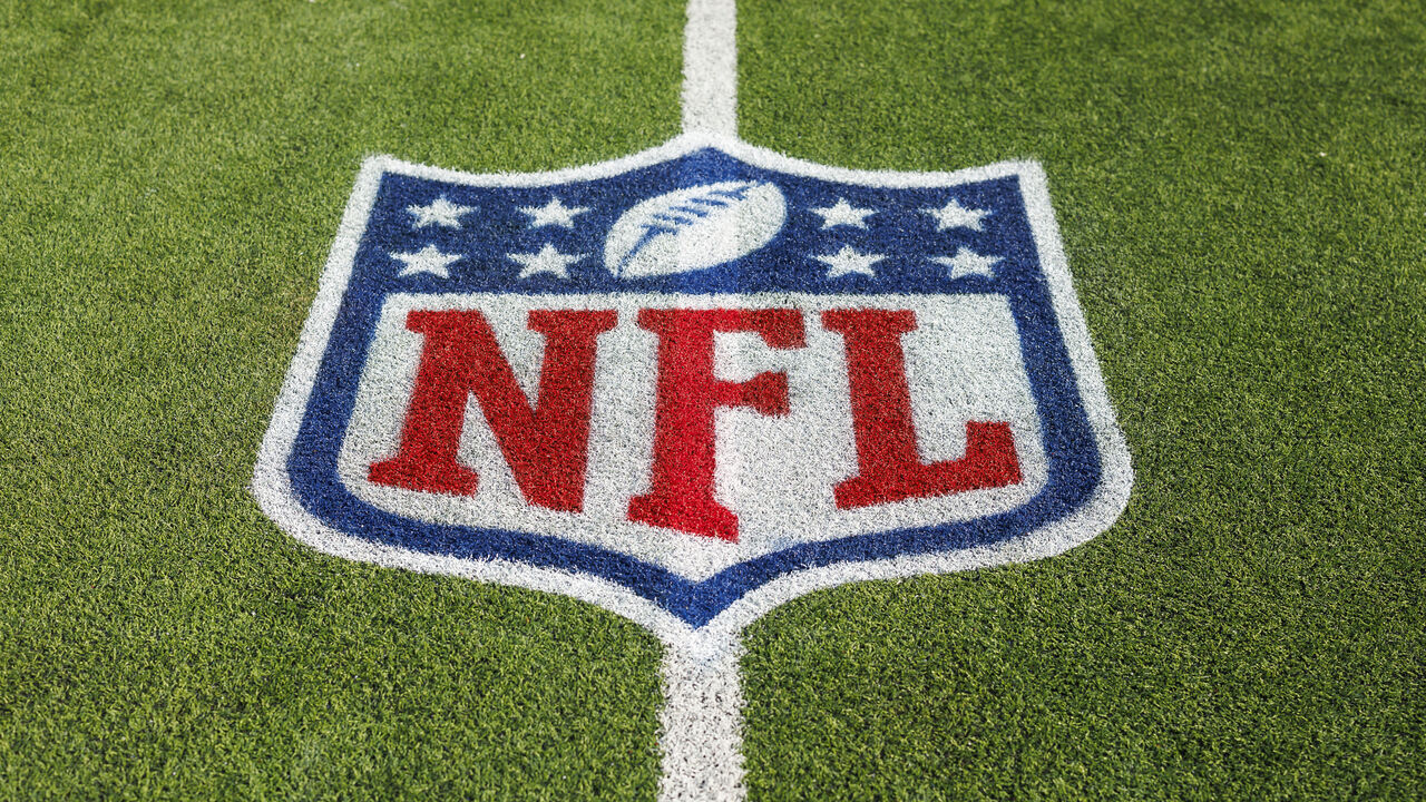 INGLEWOOD, CALIFORNIA - JANUARY 07: A detail view of the NFL shield logo painted on the field turf before an NFL football game between the Los Angeles Chargers and the Kansas City Chiefs at SoFi Stadium on January 7, 2024 in Inglewood, California.