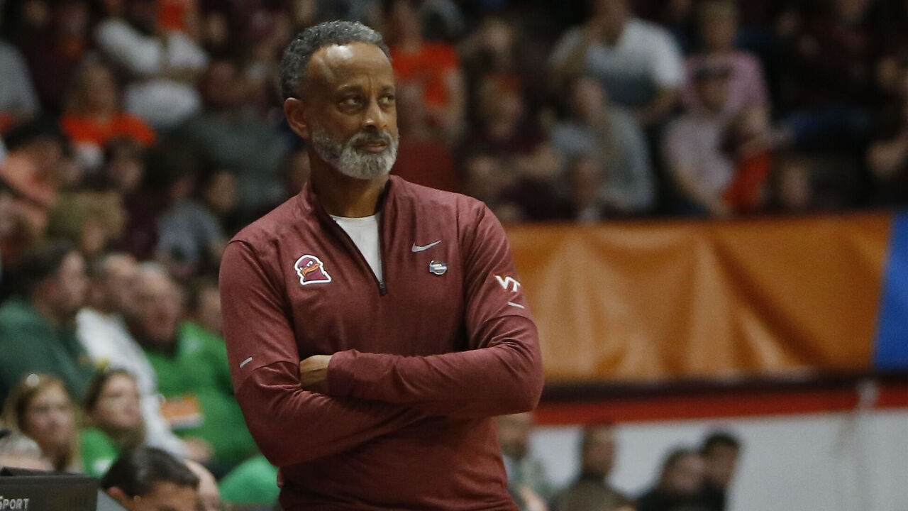BLACKSBURG, VA - MARCH 22: Virginia Tech Hokies Head Coach Kenny Brooks looks on from the sidelines during the Marshall Thundering Herd game versus the Virginia Tech Hokies in the first round of the NCAA Division I Women's Championship on March 22, 2024, at Cassell Coliseum in Blacksburg, VA.