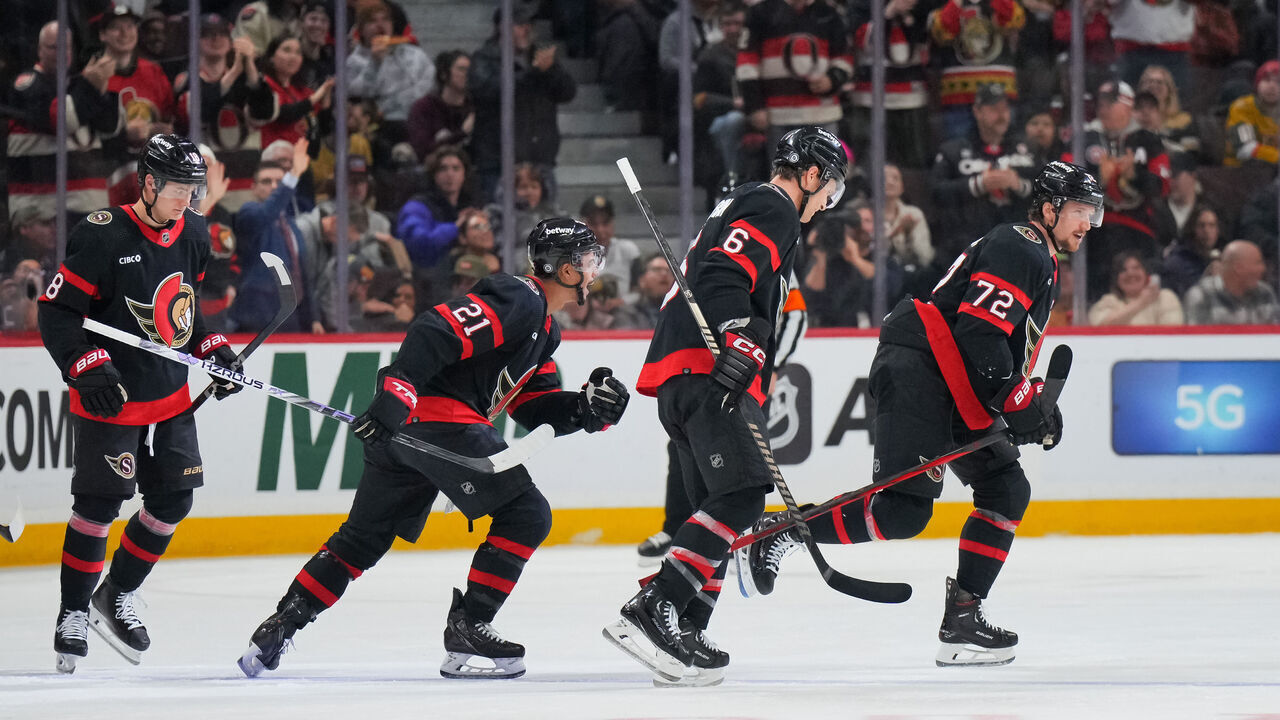 OTTAWA, CANADA - FEBRUARY 24: Thomas Chabot #72 of the Ottawa Senators celebrates his second period goal against the Vegas Golden Knights with teammates Mathieu Joseph #21 and Jakob Chychrun #6 at Canadian Tire Centre on February 24, 2024 in Ottawa, Ontario, Canada.