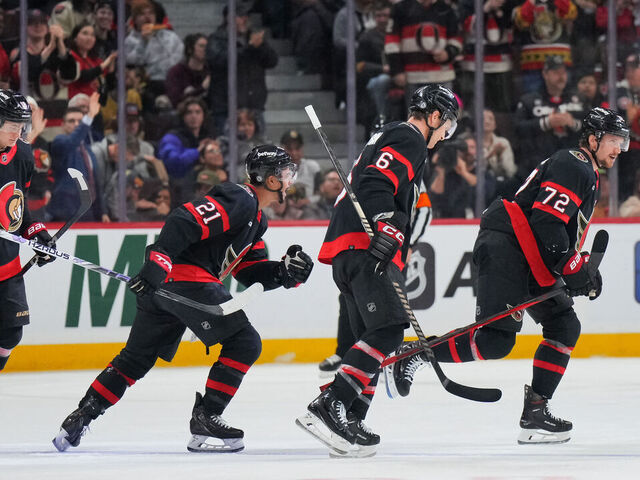 OTTAWA, CANADA - FEBRUARY 24: Thomas Chabot #72 of the Ottawa Senators celebrates his second period goal against the Vegas Golden Knights with teammates Mathieu Joseph #21 and Jakob Chychrun #6 at Canadian Tire Centre on February 24, 2024 in Ottawa, Ontario, Canada.