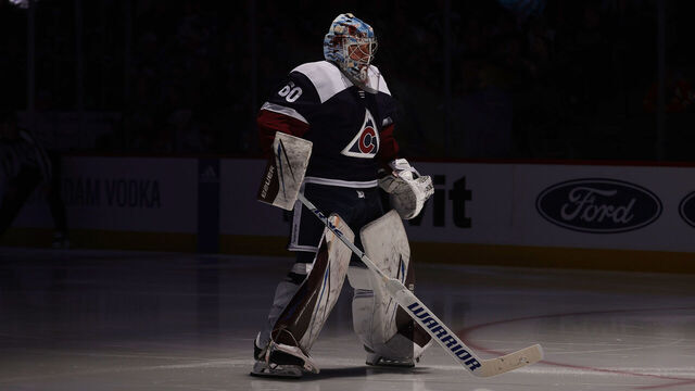 DENVER, COLORADO - MARCH 04: Goaltender Justus Annunen #60 of the Colorado Avalanche skates prior to the second period against the Chicago Blackhawks at Ball Arena on March 04, 2024 in Denver, Colorado.