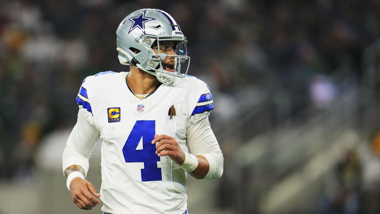 DALLAS, TX - JANUARY 14: Dak Prescott #4 of the Dallas Cowboys looks on after a play against the Green Bay Packers during the second half of the NFC Wild Card playoff game at AT&T Stadium on January 14, 2024 in Dallas, Texas.