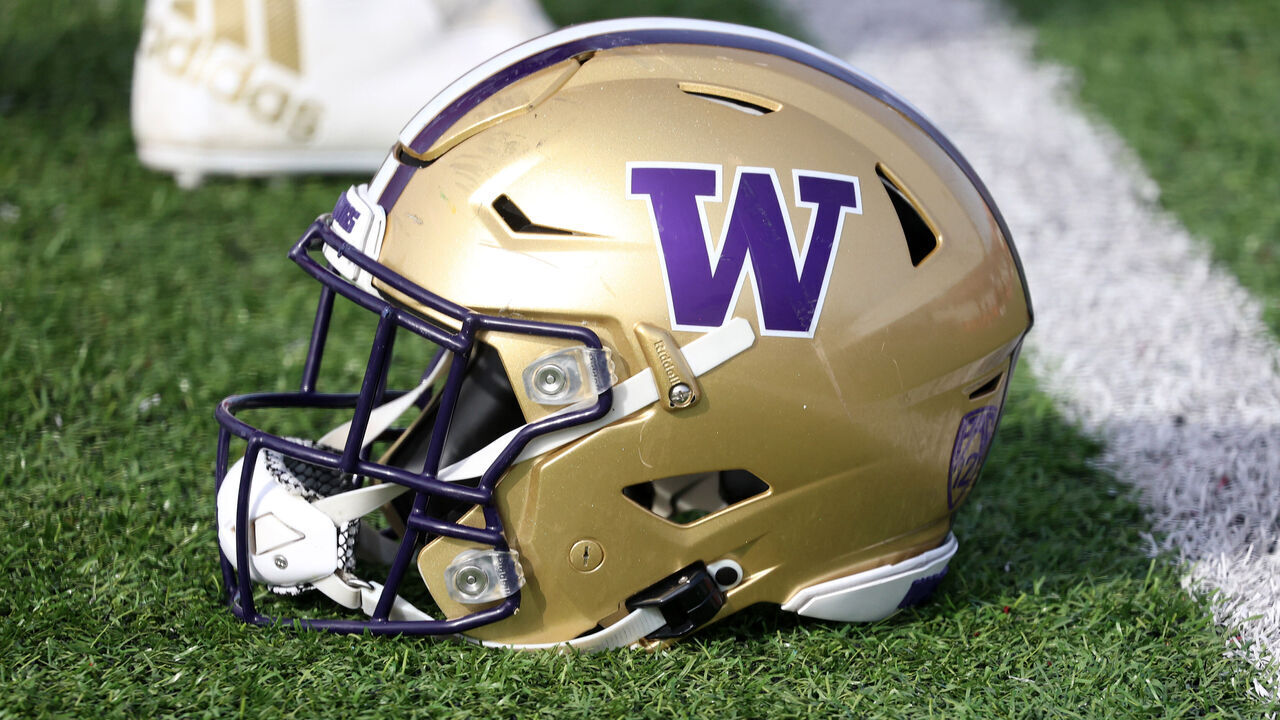 MOBILE, AL - FEBRUARY 01: A general view of a Washington Huskies helmet during the National team practice for the Reese's Senior Bowl on February 1, 2024 at Hancock Whitney Stadium in Mobile, Alabama.