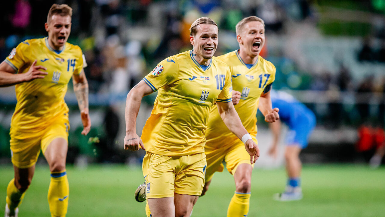 WROCLAW, POLAND - MARCH 26: Mykhailo Mudryk of Ukraine celebrates scoring a goal during the UEFA EURO 2024 Play-Offs final match between Ukraine and Iceland at Tarczynski Arena on March 26, 2024 in Wroclaw, Poland.