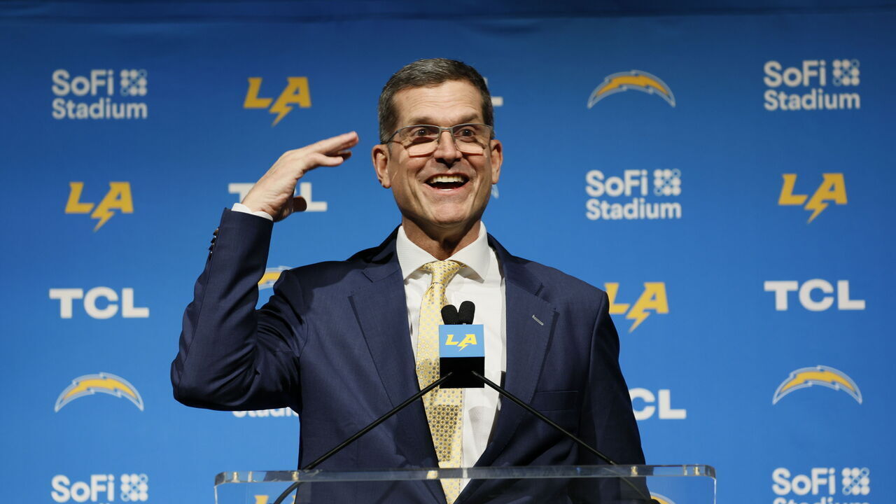 INGLEWOOD, CA - FEBRUARY 01: New Los Angeles Chargers Head Coach Jim Harbaugh speaks during his introductory press conference at YouTube Theater in Inglewood Thursday, Feb. 1, 2024. (Allen J. Schaben / Los Angeles Times via Getty Images)