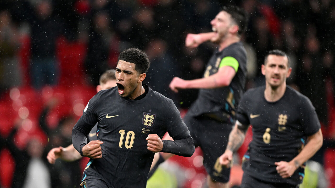 LONDON, ENGLAND - MARCH 26: Jude Bellingham of England celebrates scoring his team's second goal during the international friendly match between England and Belgium at Wembley Stadium on March 26, 2024 in London, England.