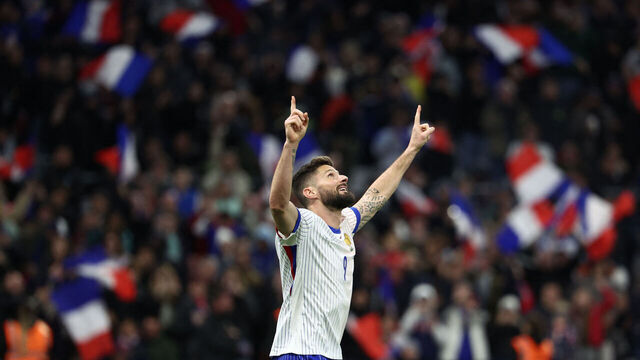 France's forward #09 Olivier Giroud celebrates scoring his team's third goal during the friendly football match between France and Chile at the Stade Velodrome in Marseille, southern France, on March 26, 2024.