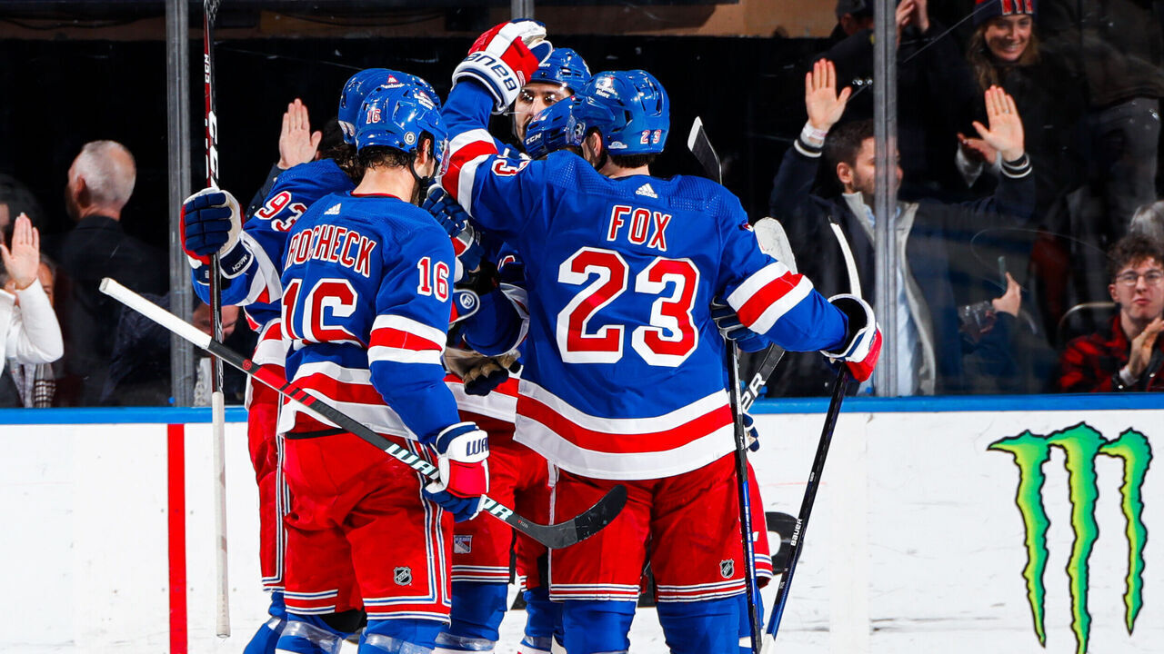 NEW YORK, NEW YORK - MARCH 26: Mika Zibanejad #93 of the New York Rangers celebrates with teammates after scoring a goal in the second period against the Philadelphia Flyers at Madison Square Garden on March 26, 2024 in New York City.