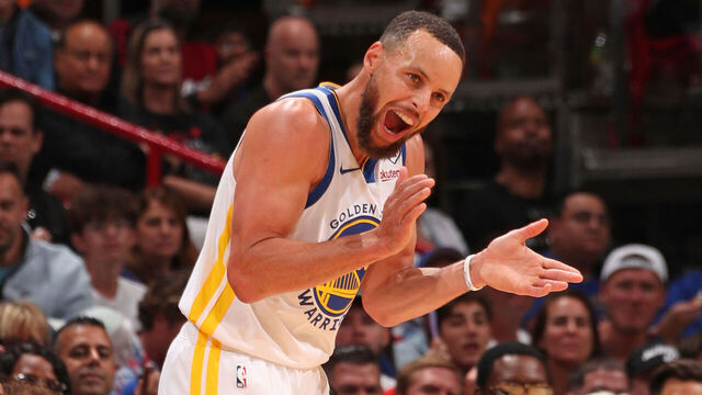 MIAMI, FL - MARCH 26: Stephen Curry #30 of the Golden State Warriors celebrates during the game against the Miami Heat on March 26, 2024 at Kaseya Center in Miami, Florida. Mandatory Copyright Notice: Copyright 2024 NBAE