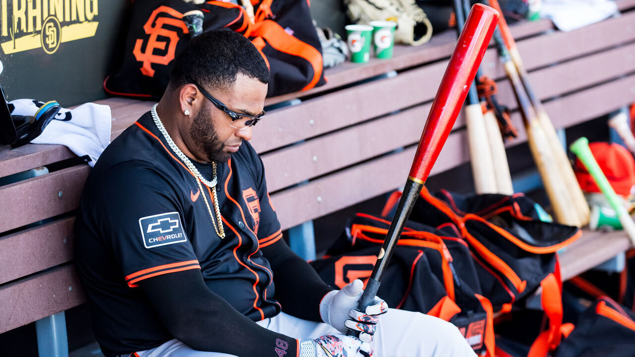 PEORIA, ARIZONA - MARCH 10: Pablo Sandoval #48 of the San Francisco Giants sits in the dugout during the spring training game against the Seattle Mariners at Peoria Sports Complex on March 10, 2024 in Peoria, Arizona.