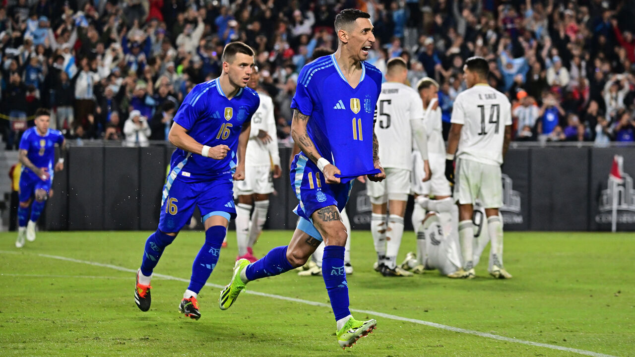 Argentina's Angel Di Maria celebrates scoring a goal during the international friendly football match between Argentina and Costa Rica at LA Memorial Coliseum in Los Angeles on March 26, 2024.