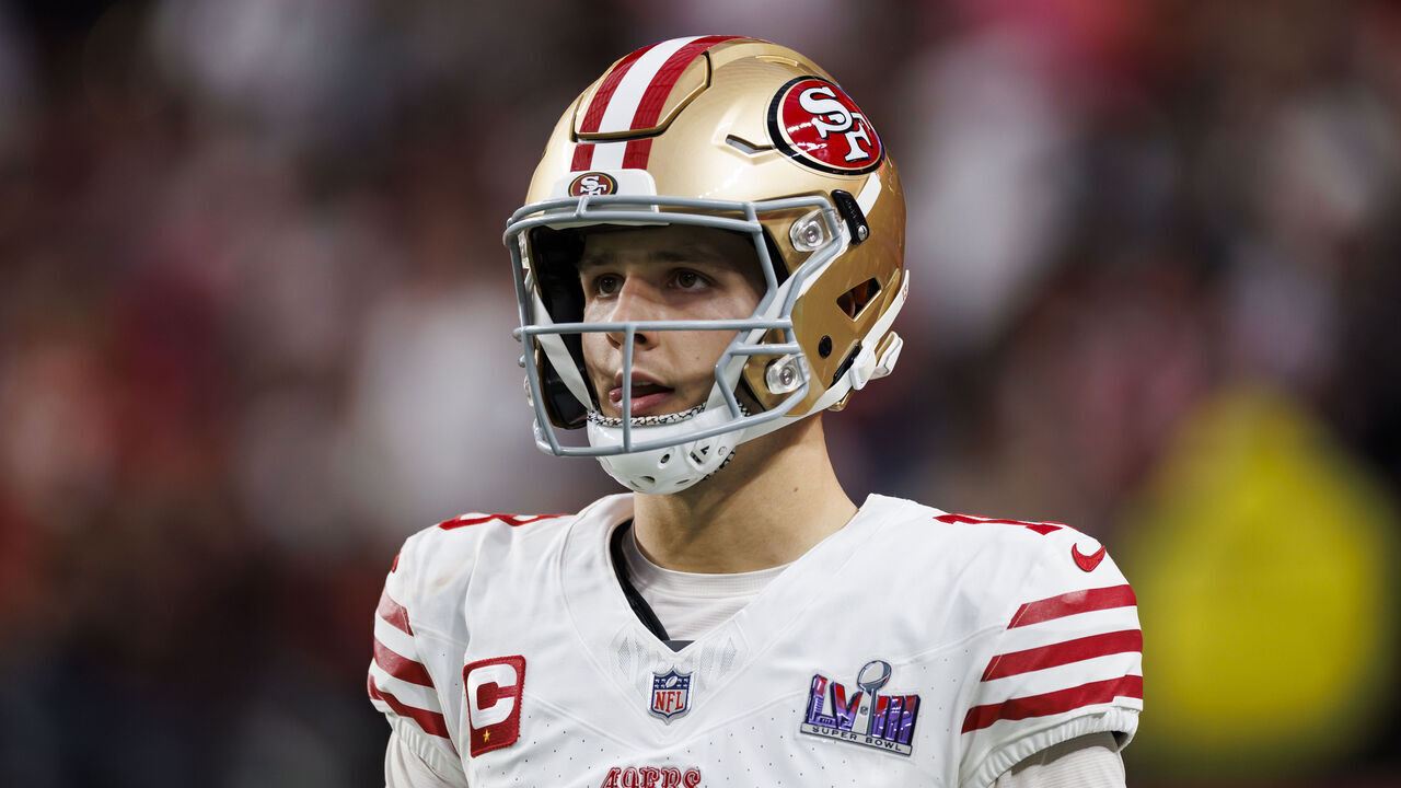 LAS VEGAS, NEVADA - FEBRUARY 11: Brock Purdy #13 of the San Francisco 49ers looks on from the sideline before Super Bowl LVIII against the Kansas City Chiefs at Allegiant Stadium on February 11, 2024 in Las Vegas, Nevada.