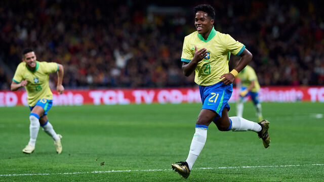 MADRID, SPAIN - MARCH 26: Endrick Felipe of Brazil celebrates after scoring his team's second goal during the friendly match between Spain and Brazil at Estadio Santiago Bernabeu on March 26, 2024 in Madrid, Spain.