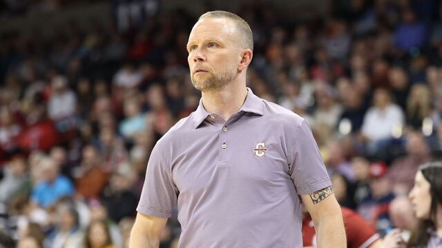 SPOKANE, WASHINGTON - MARCH 22: Head coach Pat Kelsey of the Charleston Cougars looks on in the first half against Alabama Crimson Tide during the first round of the 2024 NCAA Men's Basketball Tournament held at Spokane Veterans Memorial Arena on March 22, 2024 in Spokane, Washington.