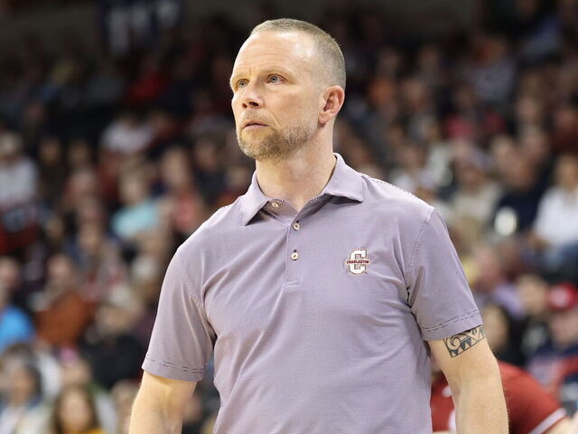 SPOKANE, WASHINGTON - MARCH 22: Head coach Pat Kelsey of the Charleston Cougars looks on in the first half against Alabama Crimson Tide during the first round of the 2024 NCAA Men's Basketball Tournament held at Spokane Veterans Memorial Arena on March 22, 2024 in Spokane, Washington.