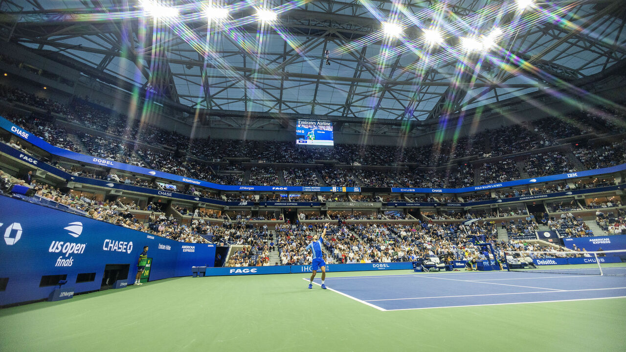 NEW YORK, USA: September 10: A general view as Novak Djokovic of Serbia serves during his match against Daniil Medvedev of Russia in the Men's Singles Final on a packed Arthur Ashe Stadium with the roof closed during the US Open Tennis Championship 2023 at the USTA National Tennis Centre on September 10th, 2023 in Flushing, Queens, New York City.