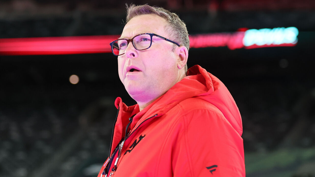 EAST RUTHERFORD, NJ - FEBRUARY 16: Martin Brodeur checks out the ice during a practice for the NHL Stadium Series on February 16, 2024 at Metlife Stadium in the East Rutherford, New Jersey.