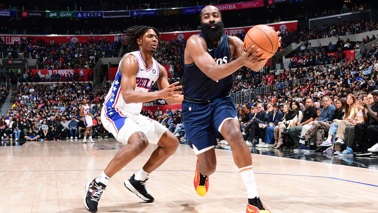 LOS ANGELES, CA - MARCH 24: James Harden #1 of the LA Clippers handles the ball during the game against the Philadelphia 76ers on March 24, 2024 at Crypto.Com Arena in Los Angeles, California. NOTE TO USER: User expressly acknowledges and agrees that, by downloading and/or using this Photograph, user is consenting to the terms and conditions of the Getty Images License Agreement. Mandatory Copyright Notice: Copyright 2024 NBAE