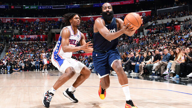 LOS ANGELES, CA - MARCH 24: James Harden #1 of the LA Clippers handles the ball during the game against the Philadelphia 76ers on March 24, 2024 at Crypto.Com Arena in Los Angeles, California. NOTE TO USER: User expressly acknowledges and agrees that, by downloading and/or using this Photograph, user is consenting to the terms and conditions of the Getty Images License Agreement. Mandatory Copyright Notice: Copyright 2024 NBAE