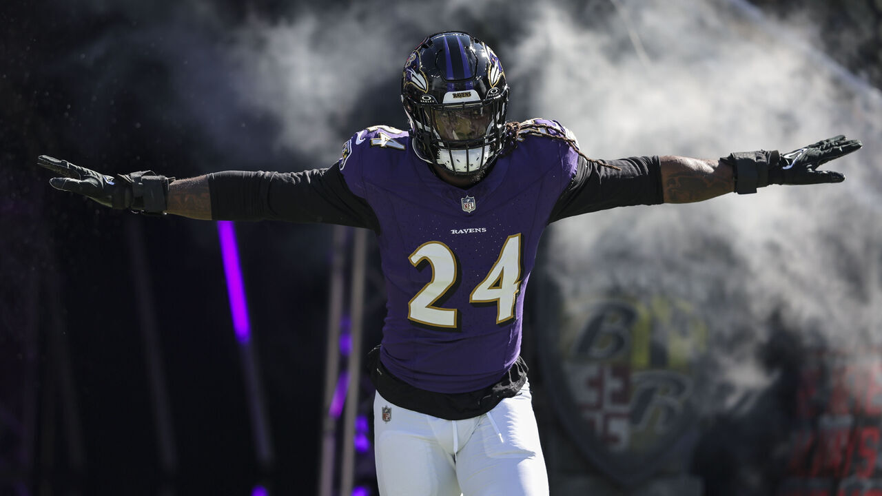 BALTIMORE, MARYLAND - OCTOBER 22: Jadeveon Clowney #24 of the Baltimore Ravens reacts as he takes the field prior to an NFL football game between the Baltimore Ravens and the Detroit Lions at M&T Bank Stadium on October 22, 2023 in Baltimore, Maryland.