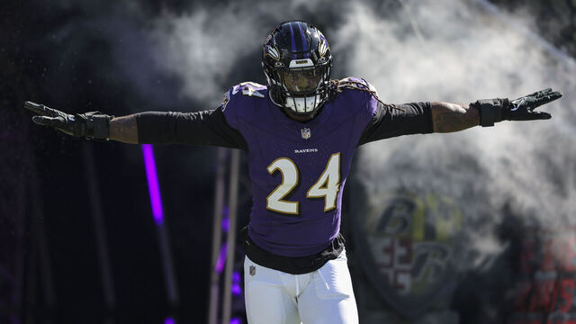 BALTIMORE, MARYLAND - OCTOBER 22: Jadeveon Clowney #24 of the Baltimore Ravens reacts as he takes the field prior to an NFL football game between the Baltimore Ravens and the Detroit Lions at M&T Bank Stadium on October 22, 2023 in Baltimore, Maryland.