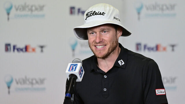 PALM HARBOR, FLORIDA - MARCH 24: Peter Malnati of the United States speaks after the final round of the Valspar Championship at Copperhead Course at Innisbrook Resort and Golf Club on March 24, 2024 in Palm Harbor, Florida.