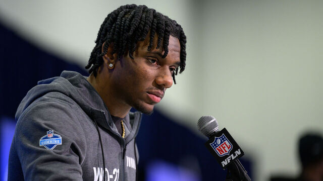 INDIANAPOLIS, IN - MARCH 01: LSU wide receiver Malik Nabers answers questions from the media during the NFL Scouting Combine on March 1, 2024, at the Indiana Convention Center in Indianapolis, IN.