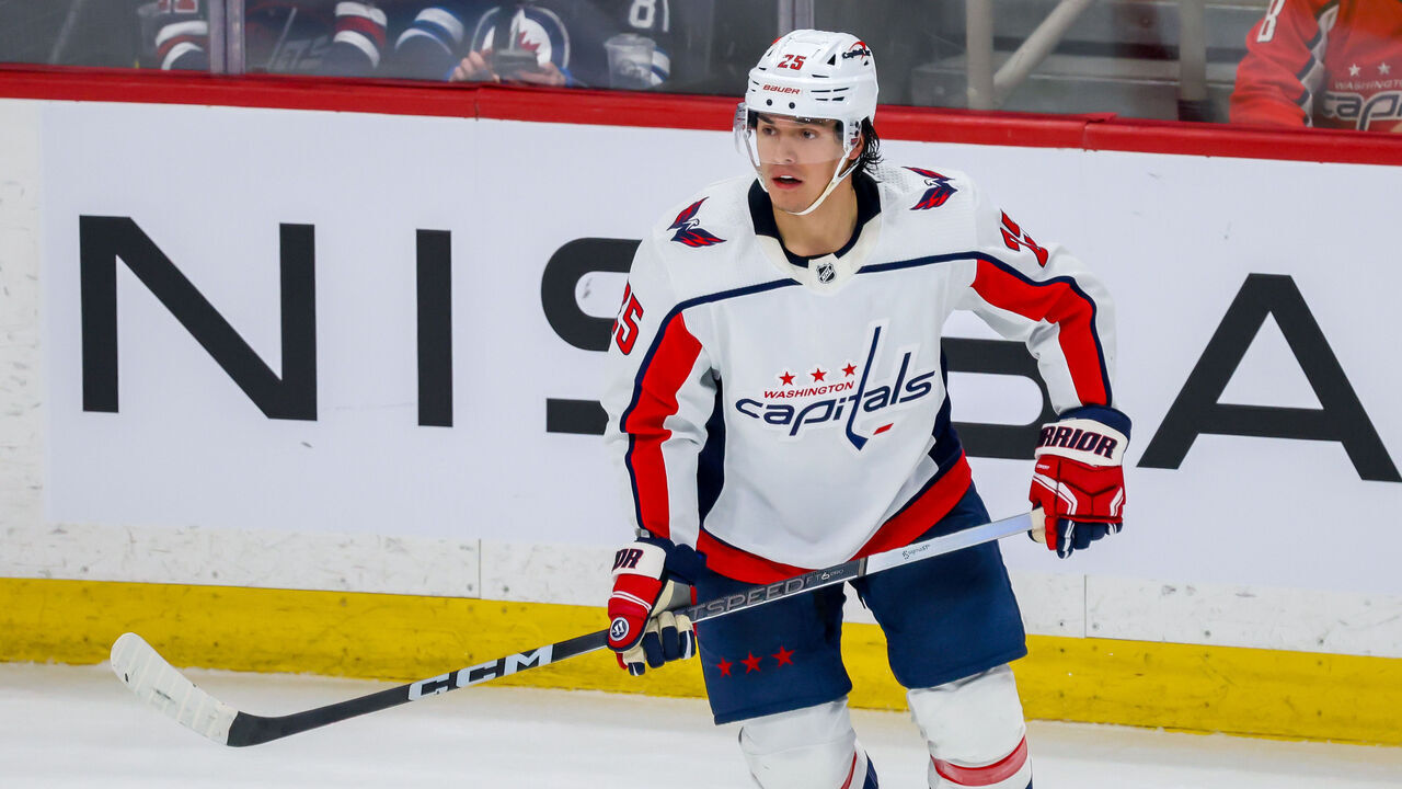 WINNIPEG, CANADA - MARCH 11: Ethan Bear #25 of the Washington Capitals skates during third period action against the Winnipeg Jets at Canada Life Centre on March 11, 2024 in Winnipeg, Manitoba, Canada.