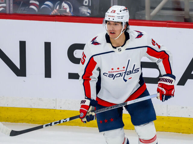 WINNIPEG, CANADA - MARCH 11: Ethan Bear #25 of the Washington Capitals skates during third period action against the Winnipeg Jets at Canada Life Centre on March 11, 2024 in Winnipeg, Manitoba, Canada.